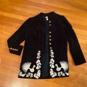 Elevenses Brand Women’s Black Corduroy Jacket with Peacock Embroidery